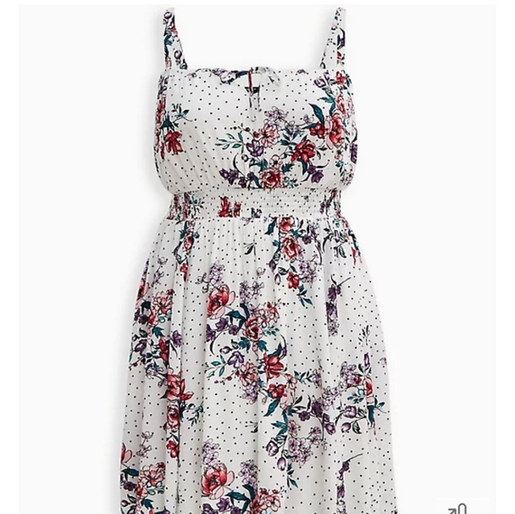 Torrid Tie Front Smocked Waist White Floral Gauze Full Skirted Mini Dress - Picture 6 of 7